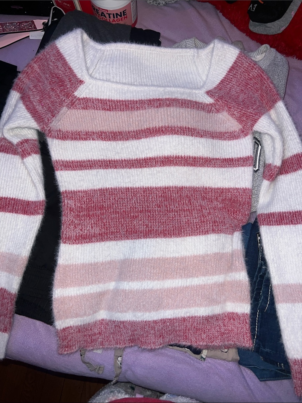 Striped Off-the-Shoulder Sweater in White and Dusty Rose